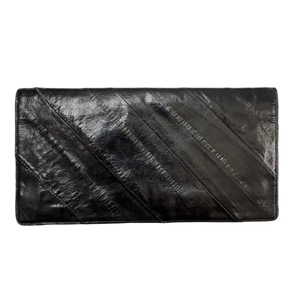 Vintage Handbag Black Genuine Eel Skin Leather Pockets Bifold Credit Card Wallet